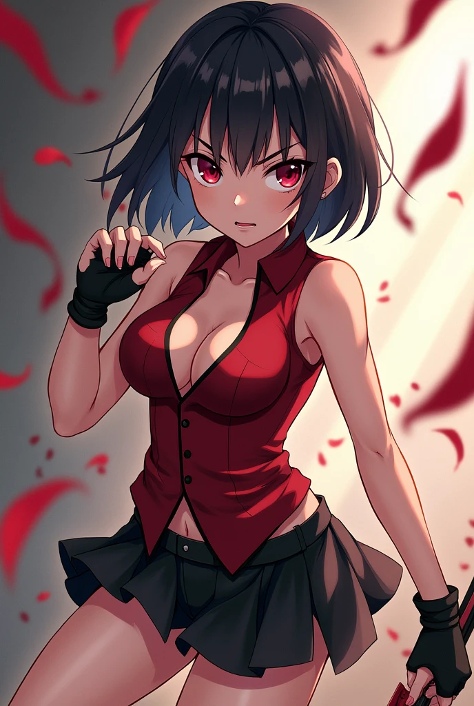 Anime girl wearing a sleeveless shirt the middle of her chest is visible and she is wearing fingerless gloves and she is wearing a short skirt, he works as an assassin and he is holding a knife, her face is angry with a smile and she is 16 years old. He's not wearing a jacket