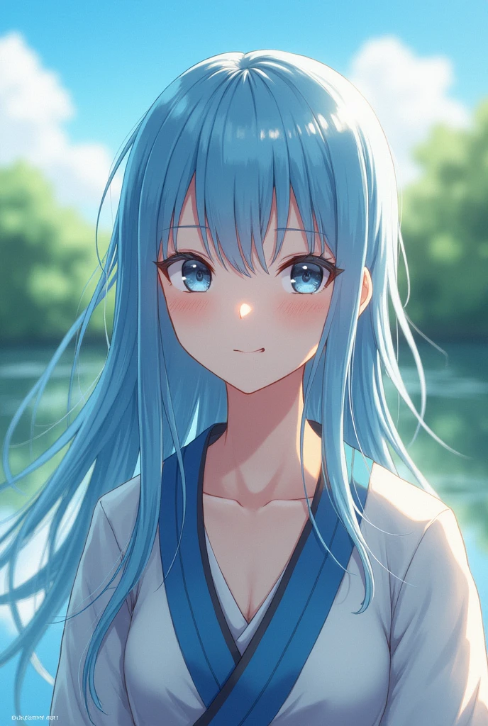 head of&#39;artwork, best quality, art officiel, Background&#39;8k screen, very detailed, illustration, 1 fille, sky blue hair, Longhaire, detailed eyes, Forrest Gump, Bare shoulders, Hanfu, lake, pur, soft smiling, bambou, tea