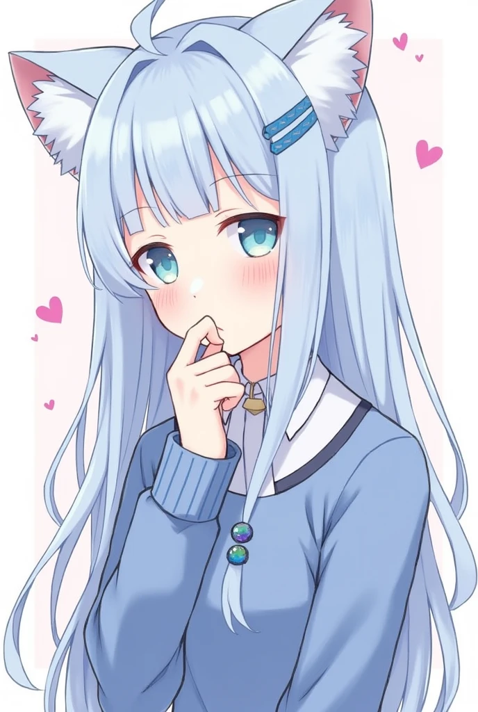 One girl, blue eyes, Long Hair, Blue Hair, Long sleeve, bangs, Cat ear, hair ornaments, Sleeves are longer than the wrist, blush, collared, Staring at the audience, One side up, Hair between the eyes,beautiful girl, Close your mouth, Heart symbol on background