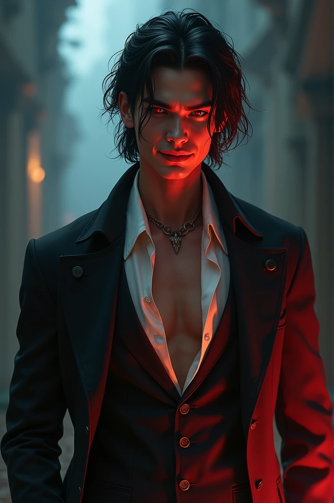 Man.
30 years old
Is tall.
Has dark hair.
Has an extremely attractive appearance, with an otherworldly look.
Has a lean and muscular build.
Has a pair of intense crimson eyes.
Has very sharp fangs and claws.
Wears elegant and revealing clothes that highlight his appearance.
A smug smile on his face