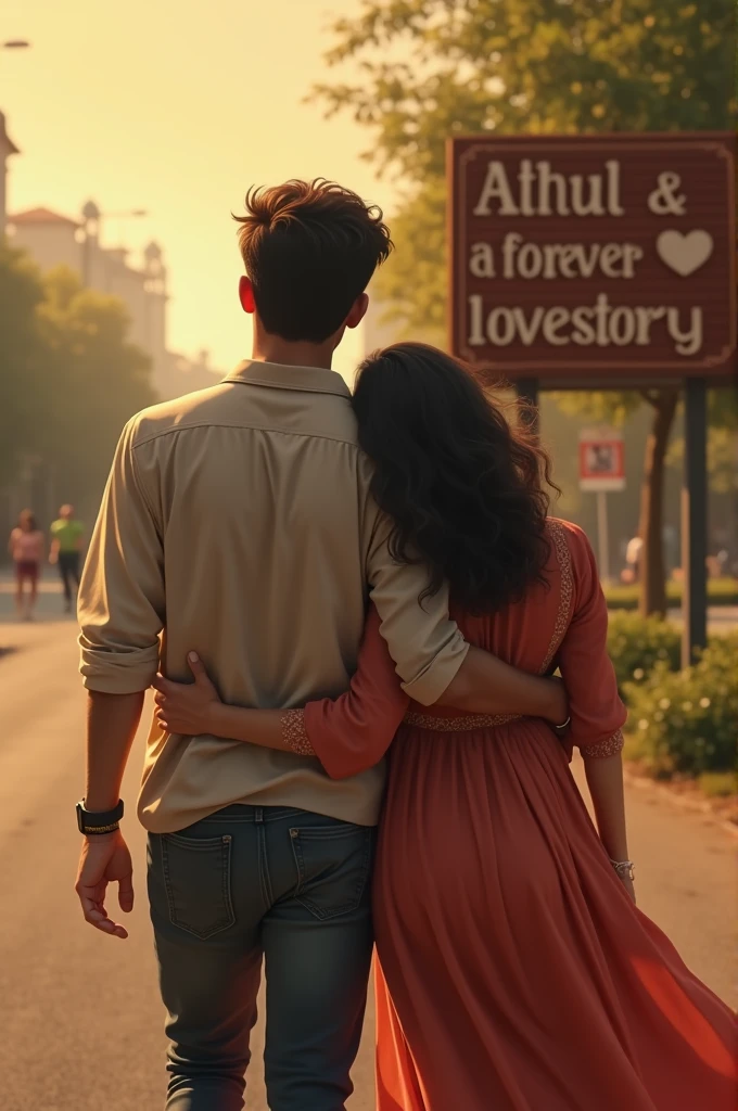 A young man with a beard and a young woman with wavy hair walking together , the woman leans on his shoulder as seen from backside , a sign board in the road which says "Devi & Athul - a forever lovestory'