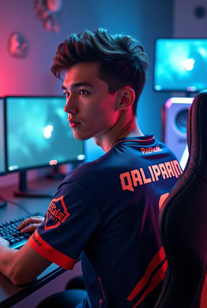 A young man gamer wearing esports jersy with a name of "QaLipain" at the back of the shirt