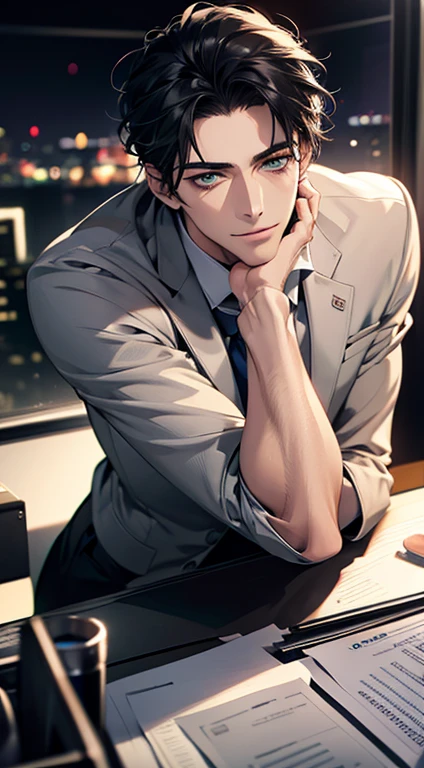 (Highest quality,4K,8K,High resolution,masterpiece:1.2),Super detailed,(Realistic,photoRealistic,photo-Realistic:1.37),1 person,34 years old,Mature Men,Beautiful skin、very handsome,Expressionless smile in love,Short gray Black hair,green eyes,Sharp Eyes,A perfect face without a doubt,Businessman, CEO, Office Background,Cinema Lighting,HDR image,tie、