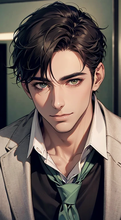 (Highest quality,4K,8K,High resolution,masterpiece:1.2),Super detailed,(Realistic,photoRealistic,photo-Realistic:1.37),1 person,34 years old,Mature Men,Beautiful skin、very handsome,Expressionless smile in love,Short gray Black hair,green eyes,Sharp Eyes,A perfect face without a doubt,Businessman, CEO, Office Background,Cinema Lighting,HDR image,tie、