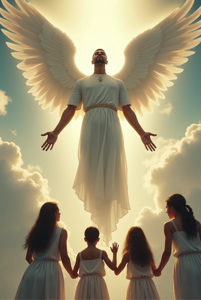 Raising a mulatto man with short hair with angel wings on his back going to heaven and his 3 daughters saying goodbye