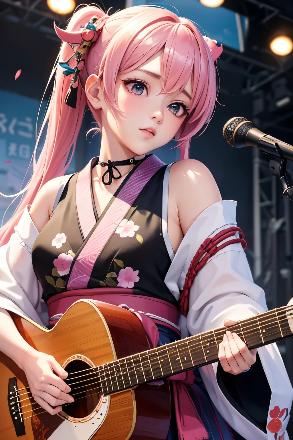 masterpiece, best quality, very detailed, high resolution, expensive resolution, high resolution, 4K, 8k, Unity 8k wallpaper, highly detailed CG, masterpiece, 2D, 3D, beautiful details, depth, fine texture, best quality: 1.3, perfect focus, crispy skin, he,
Very cute anime girl, girl playing guitar vocals in a band wearing a Japanese fancy floral haori hakama, on outdoor stage, full body, expensive pink twin tail hair, mole under eye, looking at the viewer, expensive, blush, mole, lips open, , heart choker, pink eyes, guitar vocals, stage