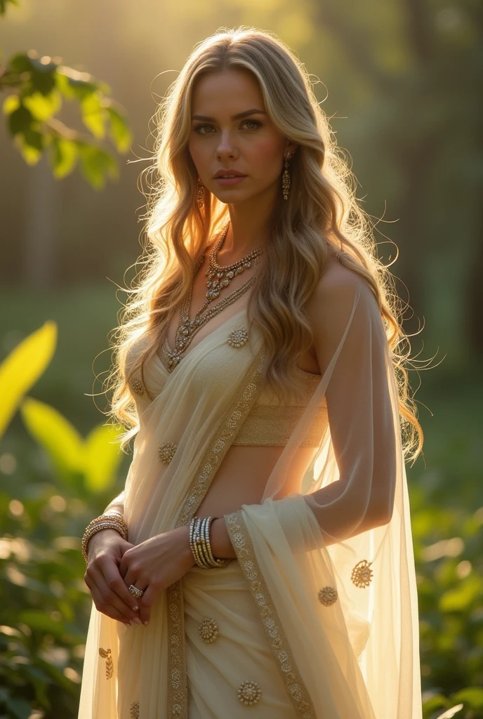 Jennifer Lawrence in white see-through saree with open hair without blouse as Indian queen standing straight
