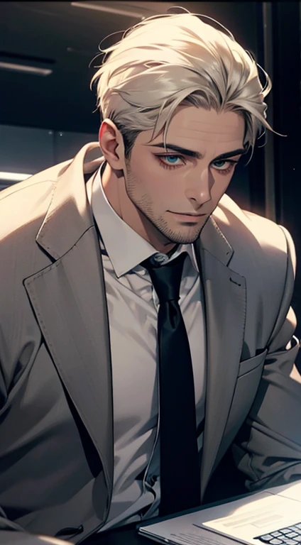 (Highest quality,4K,8K,High resolution,masterpiece:1.2),Super detailed,(Realistic,photoRealistic,photo-Realistic:1.37),1 person,34 years old,Mature Men,Beautiful skin、very handsome,Expressionless smile in love,Short white hair,green eyes,Sharp Eyes,A perfect face without a doubt,Businessman, CEO, Office Background,Cinema Lighting,HDR image,tie、