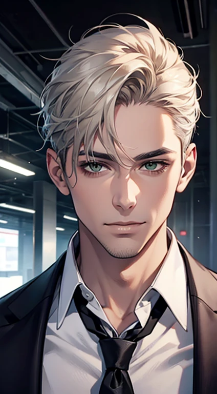 (Highest quality,4K,8K,High resolution,masterpiece:1.2),Super detailed,(Realistic,photoRealistic,photo-Realistic:1.37),1 person,34 years old,Mature Men,Beautiful skin、very handsome,Expressionless smile in love,Short white hair,green eyes,Sharp Eyes,A perfect face without a doubt,Businessman, CEO, Office Background,Cinema Lighting,HDR image,tie、