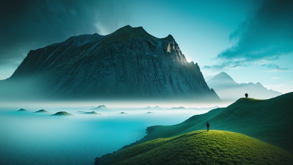 Photorealistic drone photo of a mountain slope covered in dense vegetation with a mist of humidity. In the center of the picture is a man with a faithful dog and a drone explorer. They set foot on a lonely unknown planet, A certain visible and invisible oceans stretched before the eyes of the astronaut, boasting a variety of shades from turquoise to deep blue. Islands, covered with strange and magical trees, shone on the surface of the water, Like little gems. Kodak ektar film, 35mm photography, professional lighting, deep aesthetic, microscopic details, contemporary art, dreamlike surrealism, The scene is epic and mysterious, reminiscent of the X-Files, dreamy, ethereal, ultra-detailed, Strong contrast, Good depth of field, 8K wallpaper, Masterpiece, Aesthetic illustration in realistic style, Dark Clouds almost completely covered the sky, the air is very humid, urgently outside