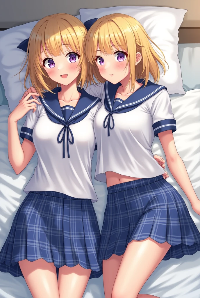 Best quality, masterpiece, (2 beautiful woman)), ((18yo-girl)), ((spread legs)), innocent smile blushed face, ((bright blonde bob cut,blunt bangs)),hair ribbon, open mouth, purple shining eyes, ((heart shaped pupils)) , bare clothes and show breast, pointy breast ((all girls must bare clothes , perfect bare teats completely:1.4)), no bra, no panties (all girls must lift blue plaid pattern skirt :1.4), short sleeve sailor shirt, blue plaid pattern skirt , ((wet splashing body)) ,((lying bed)),