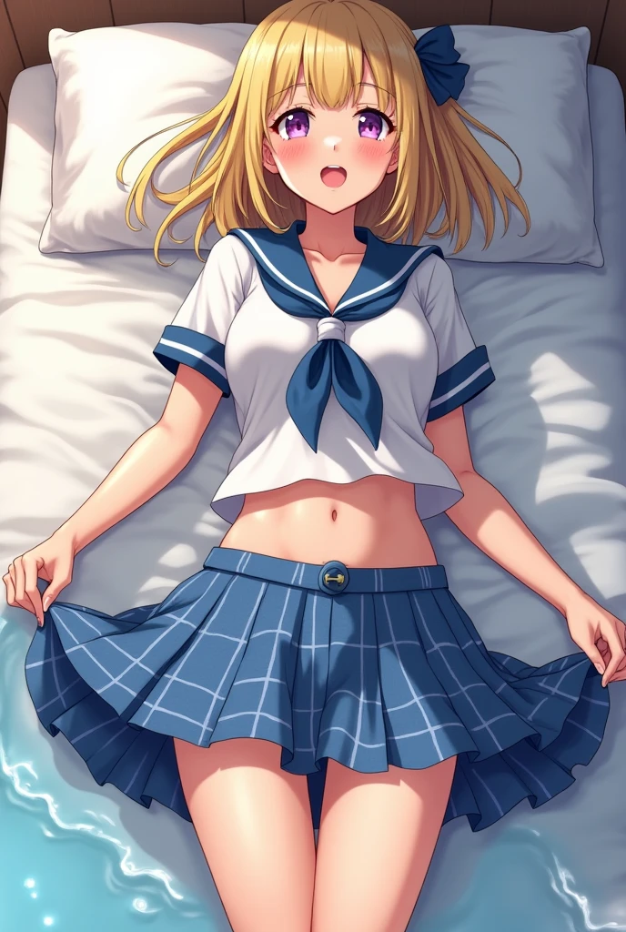 beautiful long blonde　blue eyes　　small tits　high school girl　pleated skirt　open your legs　No panties　open your legsしゃがむ　on the bed　Tears are overflowing from the eyes　embarrassing