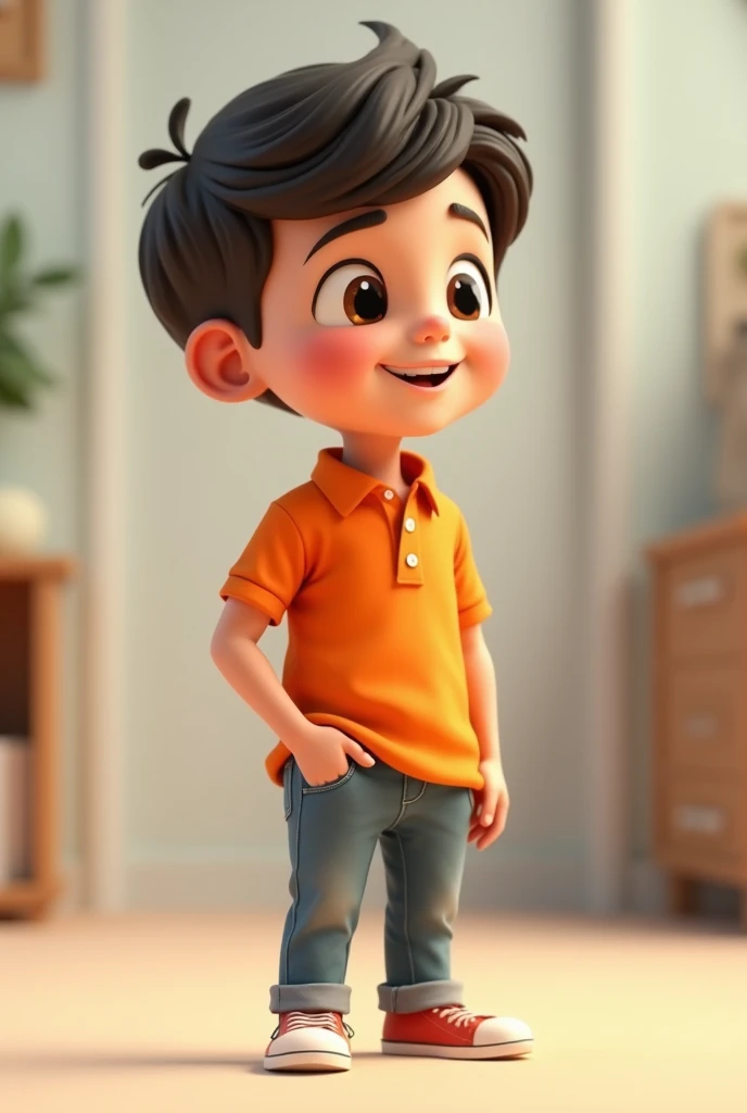 15 year old boy in orange polo shirt standing talking, slightly leaning to the right, standing on two legs. 3D image, Cartoon, detailed face, asymmetrical 16k, full body