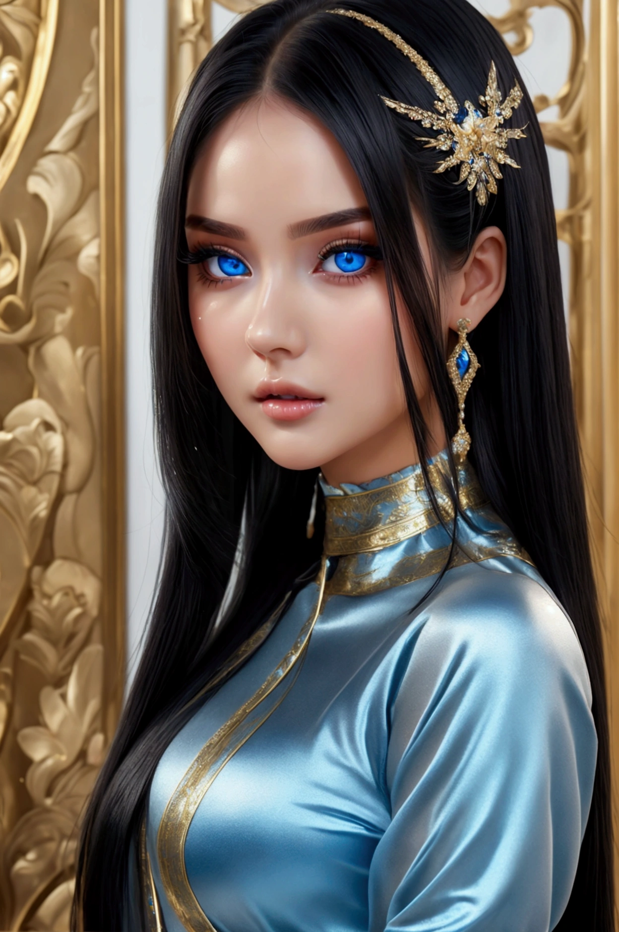 incomparable beauty, shiny skin, firm and shiny., Hits between the eyes, shiny smooth beautiful , Super long straight silky black hair, eyeliner, Sexy beautiful innocent 24 years old, High Definition, big ones, beautiful bright blue eyes., beautiful and charming girl, baby face, short-sleeved shirt