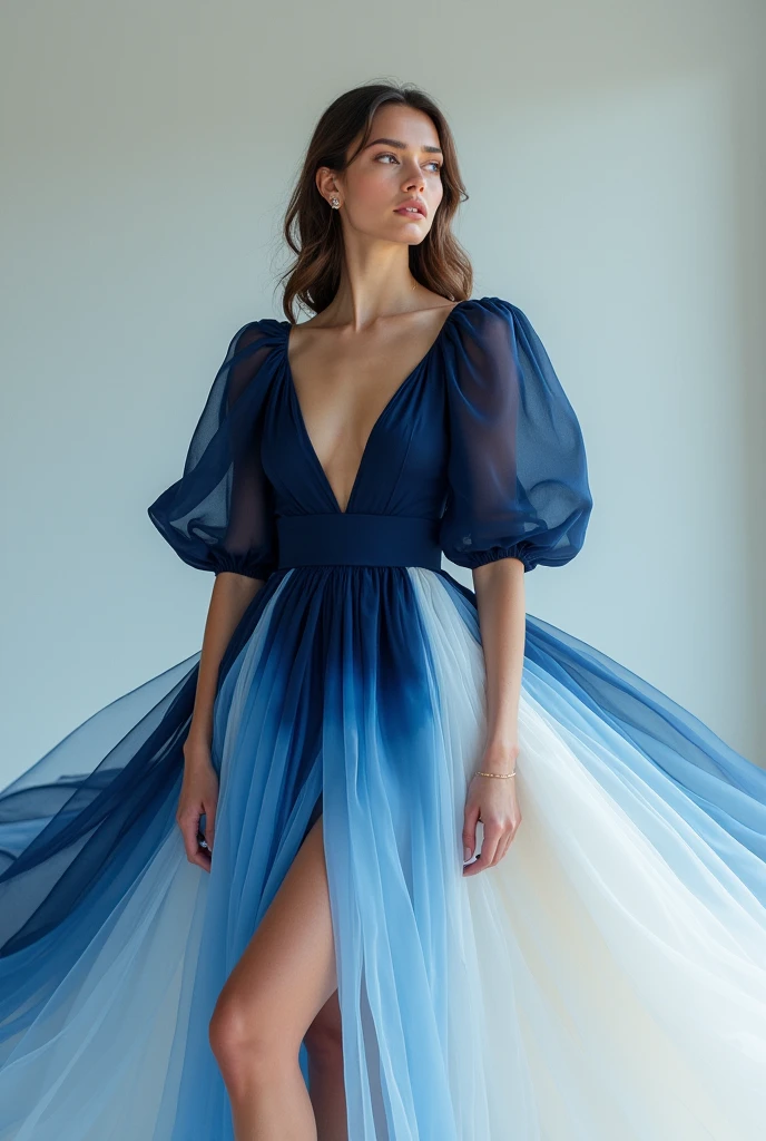A model wearing a gradient color dress from navy blue to white from top to bottom with puffed sleeves, with deep V-neckline and skirt with leg opening