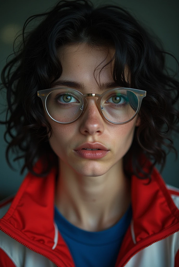 portrait парня!!! 24 years, RAW photo, black curly shoulder length hair, pale skin, grey eyes, tired look, thin face, сине-красно-белая олимпийка из 90-х, sport retro olympic jacket, realistic skin texture, construction glasses, (Best quality,a high resolution,masterpiece),ultra-detailed,(realistic,photorealistic,photo-realistic) portrait, 8 K, very detailed, (high quality, Best quality:1.3), Extremely high resolution, granularity, ((macro lens)), dark atmosphere, ((focused on the eyes)), male expressions, photo, SLR camera, 35 mm, Fujifilm Superia Premium 400, Nikon D850 photo из фильма, Kodak Portra 400 F1.6 lenses, 8 K, uhd