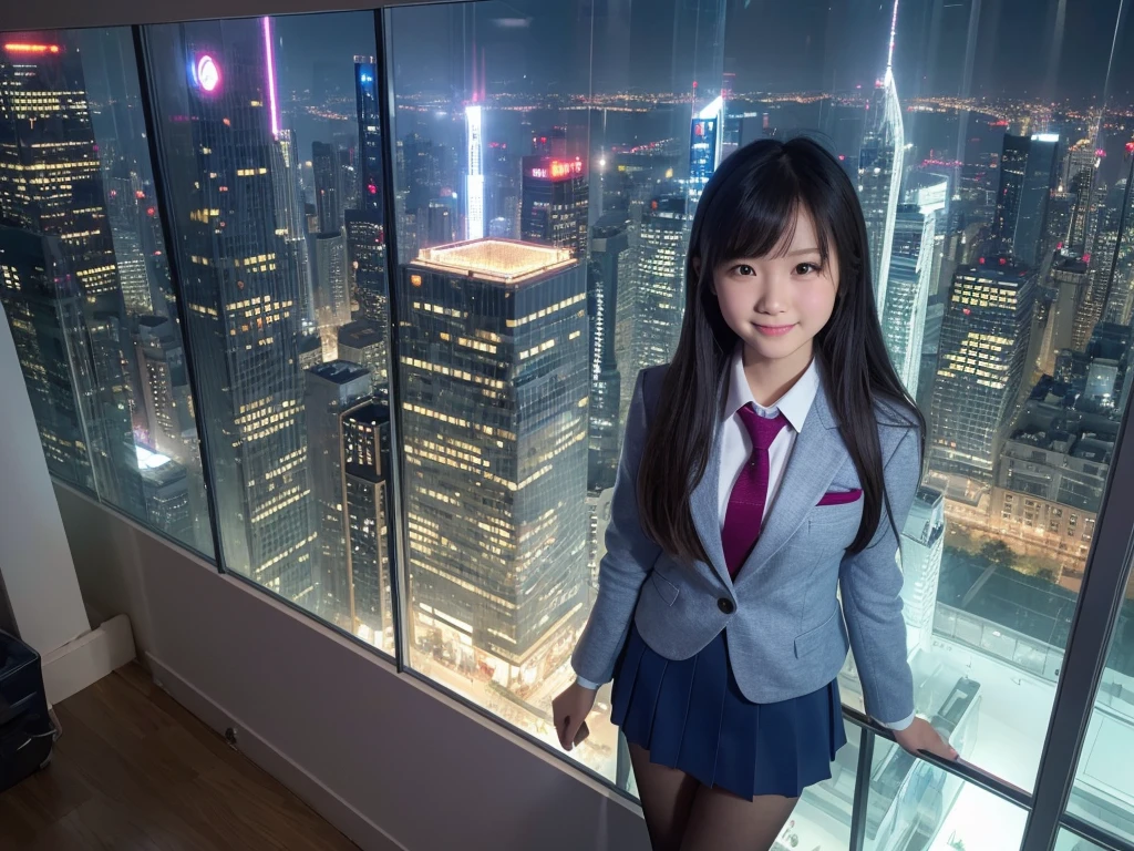 (masterpiece:1.4), 8K walpaper, Super Giant Girl Art, Realistic, Ultra HD, 1 girl, Extremely detailed depiction, Much taller than a skyscraper, Very detailed depiction, Light blue blazer, Grey tie, Blue mini skirt, White Pantyhose, A very small metropolis is 1/100 scale, Miniature metropolis, The building is as small as a grain of rice, 足元までの高さもない超Miniature metropolisで, Miniature metropolisを下にして, sit, Super huge school girl, Full body description, Translucent skin texture, Beautiful Skin, Semi-long hair, 2+girl, Beautiful 16 year old girl, Cute Smile, Top view