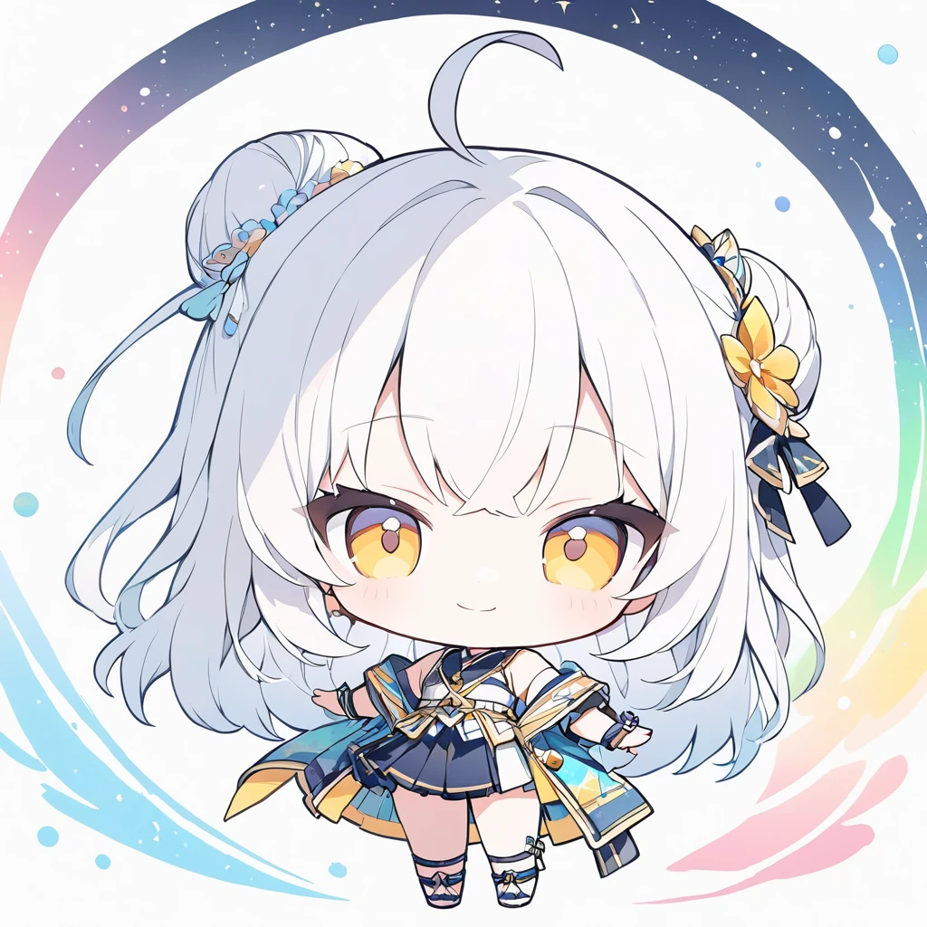 female , loli,, grinning, looking at viewer, ahoge, side tail, wave hair, white hair, golden eyes, slant eyes, big eyes, sanpaku, pale skin, Separate Swimwear, chibi, swimming, with a space, , masterpiece, best quality, detailed, ultra detailed, hyper detailed, insanely detailed, exquisite, beautiful, Full-HD, 16K, cute, fantasy, vibrant academia, chibi anime, İcon, soft lines, soft surface, simple line drawing, full body shot, front view, golden ratio, golden triangle, lens flare, best light, fast shutter speed, depth of field, highly saturated colors, vibrant colors, pale colors, dreamy watercolor, Icon-style illustration、(超High resolution:1.2),(Absurd:1.2),(High resolution:1.2),(Highest quality:1.2),Little,prirl,Background colorful pattern、Hair Bun、Front cut