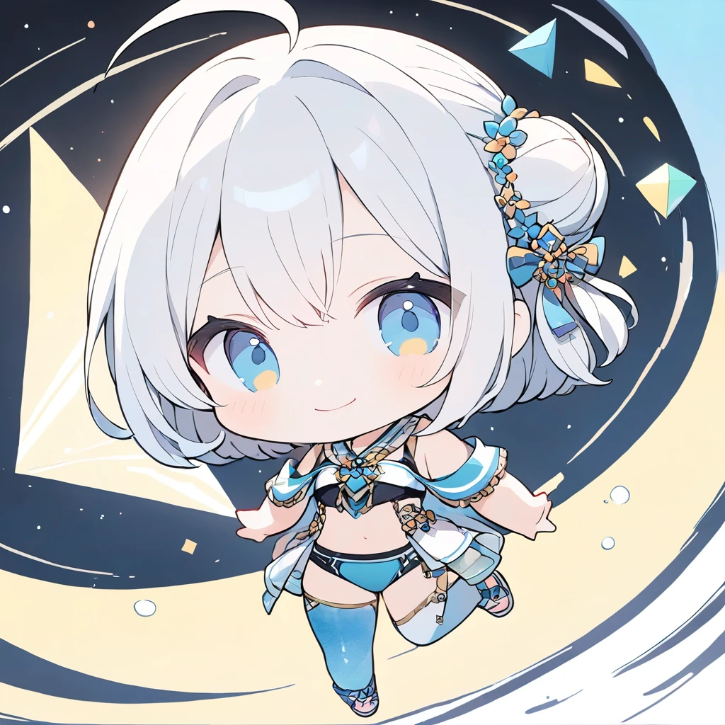 female child, , sad, grinning, looking at viewer, ahoge, side tail, wave hair, white hair, golden eyes, slant eyes, big eyes, sanpaku, pale skin, Separate Swimwear, chibi, swimming, with a space, , masterpiece, best quality, detailed, ultra detailed, hyper detailed, insanely detailed, exquisite, beautiful, Full-HD, 16K, cute, fantasy, vibrant academia, chibi anime, İcon, soft lines, soft surface, simple line drawing, full body shot, front view, golden ratio, golden triangle, lens flare, best light, fast shutter speed, depth of field, highly saturated colors, vibrant colors, pale colors, dreamy watercolor, Icon-style illustration、(超High resolution:1.2),(Absurd:1.2),(High resolution:1.2),(Highest quality:1.2),Little,pretty girl,Background colorful pattern、Hair Bun、Front cut