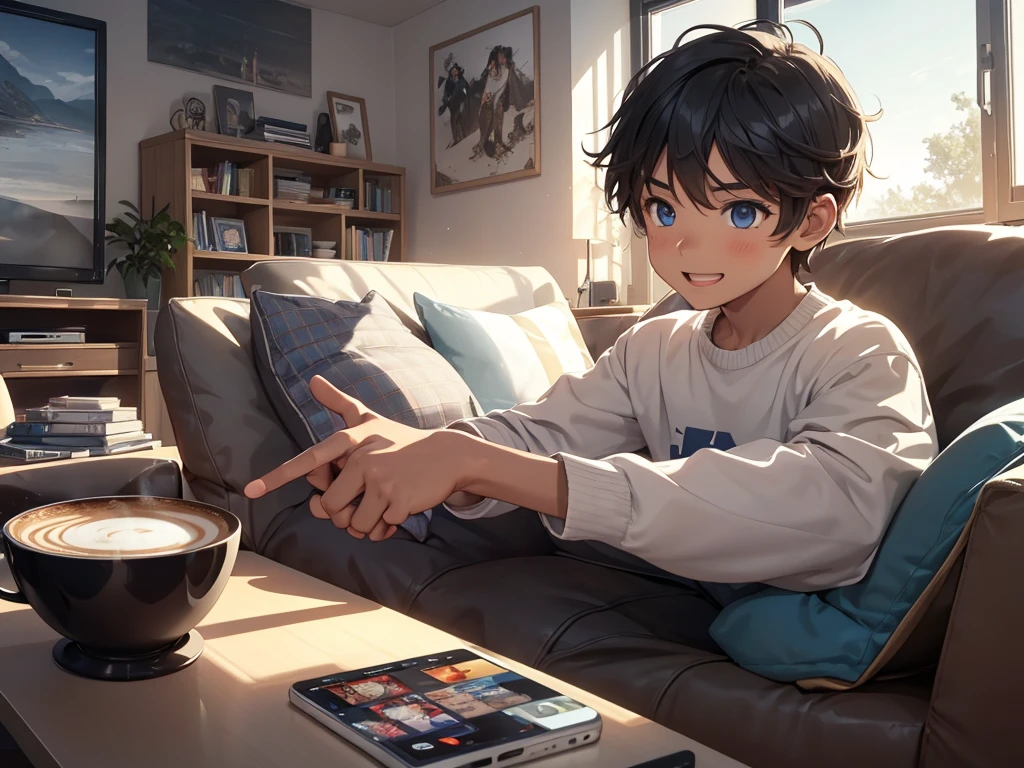 "Create an illustration of a young boy with an excited expression, reaching out towards a PlayStation console on a coffee table, while in the background, through a large window, depict a shiny, modern car parked outside. Additionally, place a MacBook on the coffee table beside the PlayStation, with its screen glowing brightly. The setting should be a cozy living room with warm lighting,