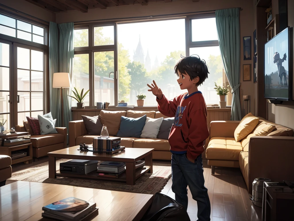 "Create an illustration of a young boy with an excited expression, reaching out towards a PlayStation console on a coffee table, while in the background, through a large window, depict a shiny, modern car parked outside. Additionally, place a MacBook on the coffee table beside the PlayStation, with its screen glowing brightly. The setting should be a cozy living room with warm lighting,