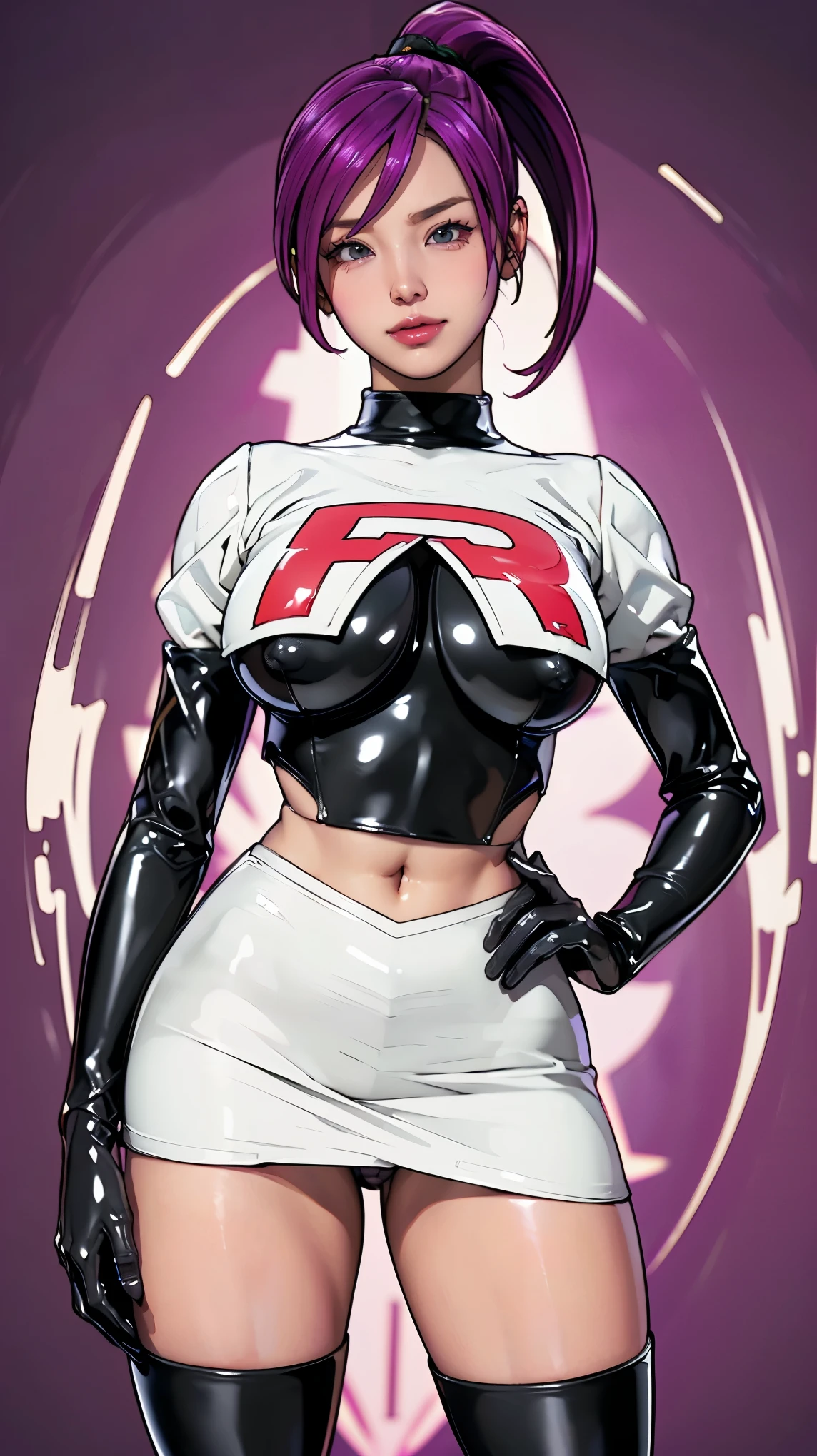 (masterpiece, Highest quality, In 8K, Very detailed, High resolution, Realistic:1.2), (Latex material accurately depicts the Team Rocket uniforms:1.3), (smilingly, Narrow-eyed Japanese face:1.2), (Violet Hair, Low Ponytail:1.2), (Cowboy Shot:1.3), (20 year old Japanese woman:1.2), (Shorten your skirt:1.3), (Black patent leather gloves, Black patent leather long boots:1.2), (Upper body is thin:1.4), (flattening the chest, Enhance the nipples:1.2), (Thicken your thighs:1.3), (Small waist, Wriggle your hips:1.2), (Panty shot, Black latex panties:1.3)