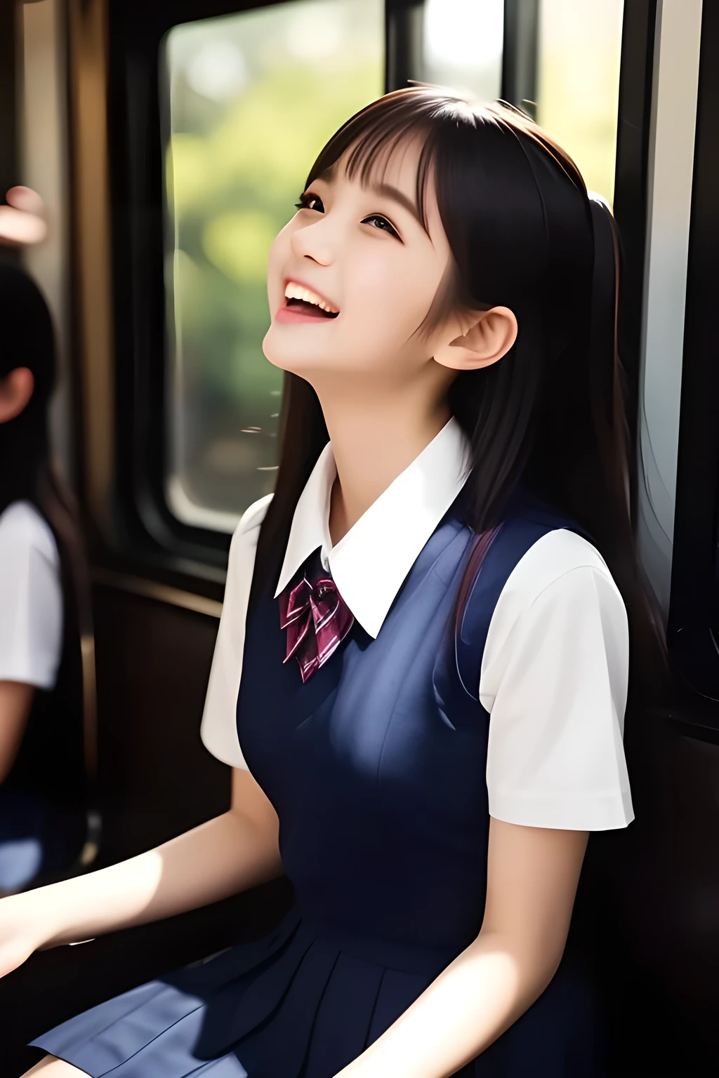 (highest quality, masterpiece, high resolution:1.2), 4K, (Photo quality detailed cute face: 1.4), (Giorgione painting style: 0.8), geometry, (14 yo cute girly Japanese girl is seated and looking ME up in a train crowded with succubi: 1.4), Laughing cutely, (neat girly white short-sleeves school blouse: 1.0), (puffed short sleeves: 1.0), (Dark red glossy school ribbon on the breast: 1.0), (Gray Japanese school girly vest Uniform: 1.2), (Box-pleated gray short school skirt: 1.2), (Extremely laughing cheeks: 1.0), (Beautiful light-amber cute-dolly large clear eyes with detailed cutely: 1.4), (Long bottom eyelashes: 1.2), (Expressing the greatest joy with her whole body: 1.2), (Glossy lips: 1.0), (Super-straight super-long hair: 1.5), (white and clear skin: 1.0), (Promoting Shampoo: 1.2), (強い憧れ: 1.2), (サキュバス達が後ろで私を見ている)