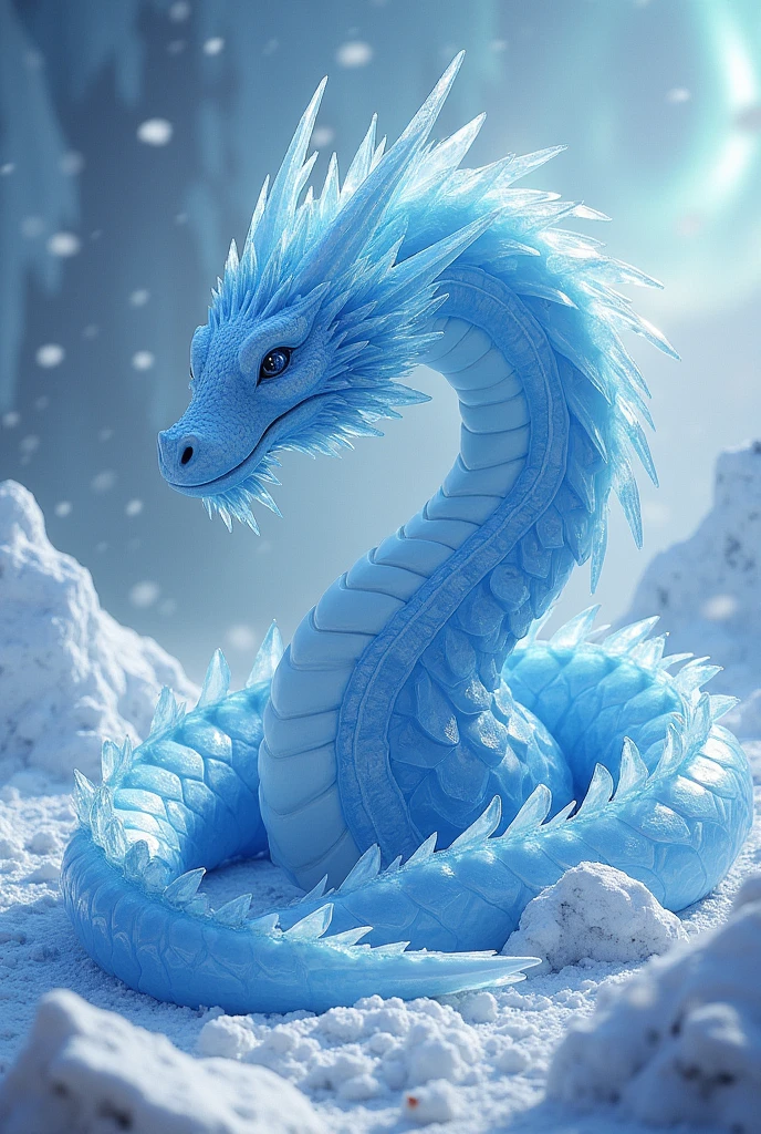 A powerful and terrifying ice dragon hidden in a snowy landscape 