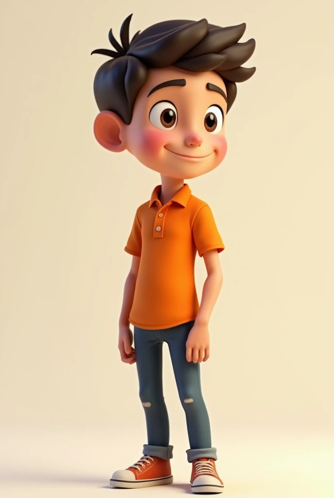 15 year old boy in orange polo shirt standing talking, slightly leaning to the right, standing on two legs. 3D image, Cartoon, detailed face, asymmetrical 16k, full body