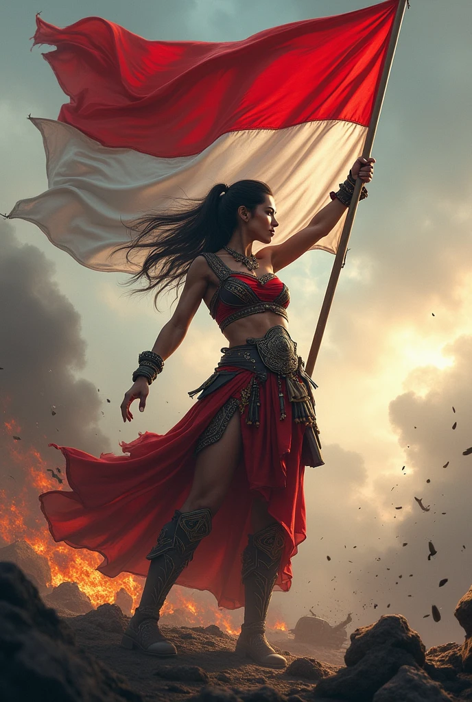 Indonesian female hero at war while waving the red and white flag