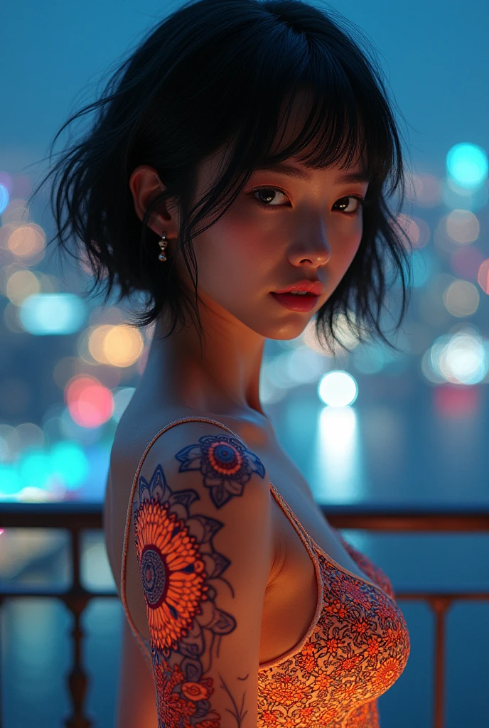 (masterpiece, Highest quality), 8k,(((Very detailed))), Race:1.8,Super intricate Race pattern,colorful Race pattern,Stained glass transparent body, Mandala,light up, 1 female,Open Back, 18 years old、Photo of Lee Jae, tumbler, shin hanga, sultry body with セクシー belly, Sexy girl, Young sensual elegance, Sexy body, delicious, Sexy look, Very Short Hair、Shooting on the balcony of a luxury hotel、Night view、 Intelligent face、Narrow waist、Large Breasts、drool coming out of the mouth、Smile a little、EOS 50mm F2, Blur the background、Shooting from the side、Lighting the face、