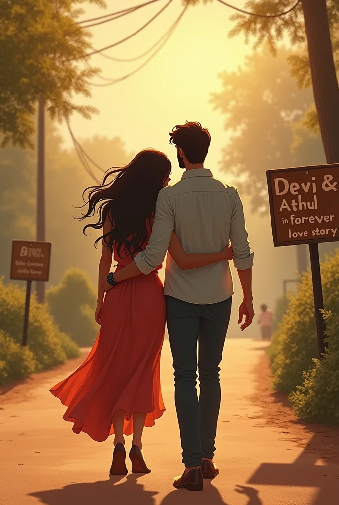 A young man with a beard and a young woman with wavy hair walking together , the woman leans on his shoulder as seen from backside , a sign board in the road which says " Devi&Athul - a forever lovestory '"
