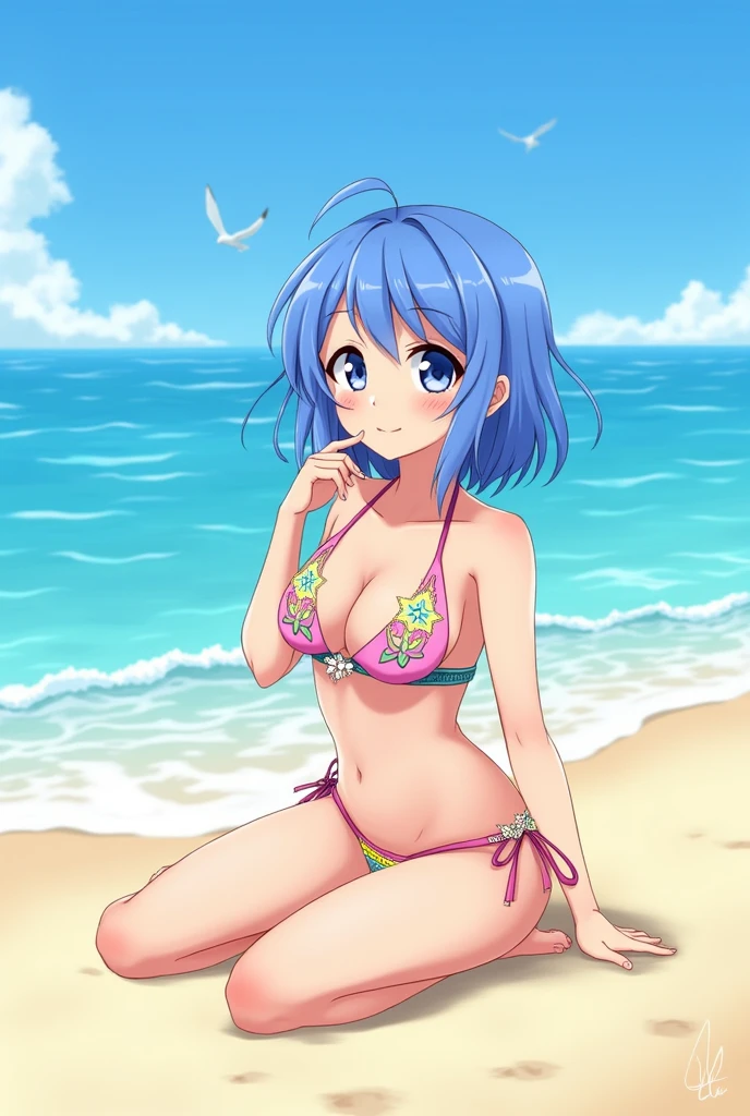 absurdres, high res, ultrasharp, 8K, {masterpiece}, expressive eyes, extremely detailed, best quality, perfect face, 1 girl, LEVY MCGARDEN, (BROWN EYES:1.35), BLUE HAIR, SHORT HAIR, SIDELOCKS, (yellow hair band:1.35), hair flower, medium breasts, pleased, beach, naked, nude, spread legs,