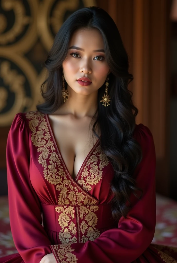 (top-quality,8ｋ,​masterpiece), indonesian woman with maroon lovely dress, a beautiful traditional Dress, big breast, Beautiful fantasy maiden, Beautiful and seductive woman, seductive pose on the bed, puffed up, Colossal , batik Dresses,