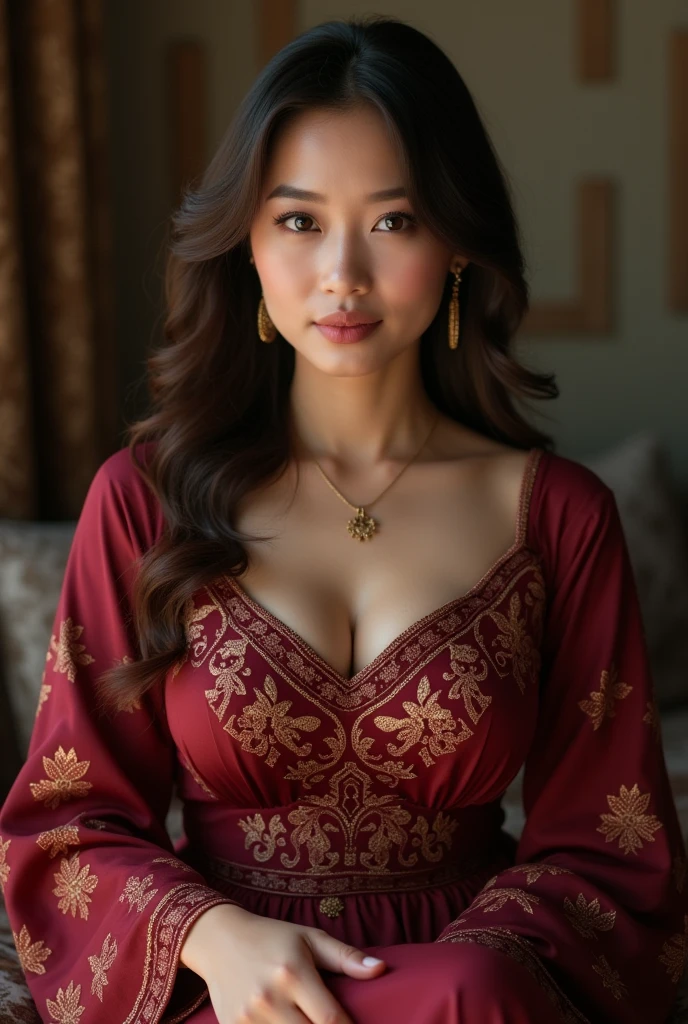 (top-quality,8k,masterpiece), indonesian woman with maroon lovely dress, a beautiful traditional Dress, big breast, Beautiful fantasy maiden, Beautiful and seductive woman, seductive pose on the bed, puffed up, Colossal , batik Dresses,