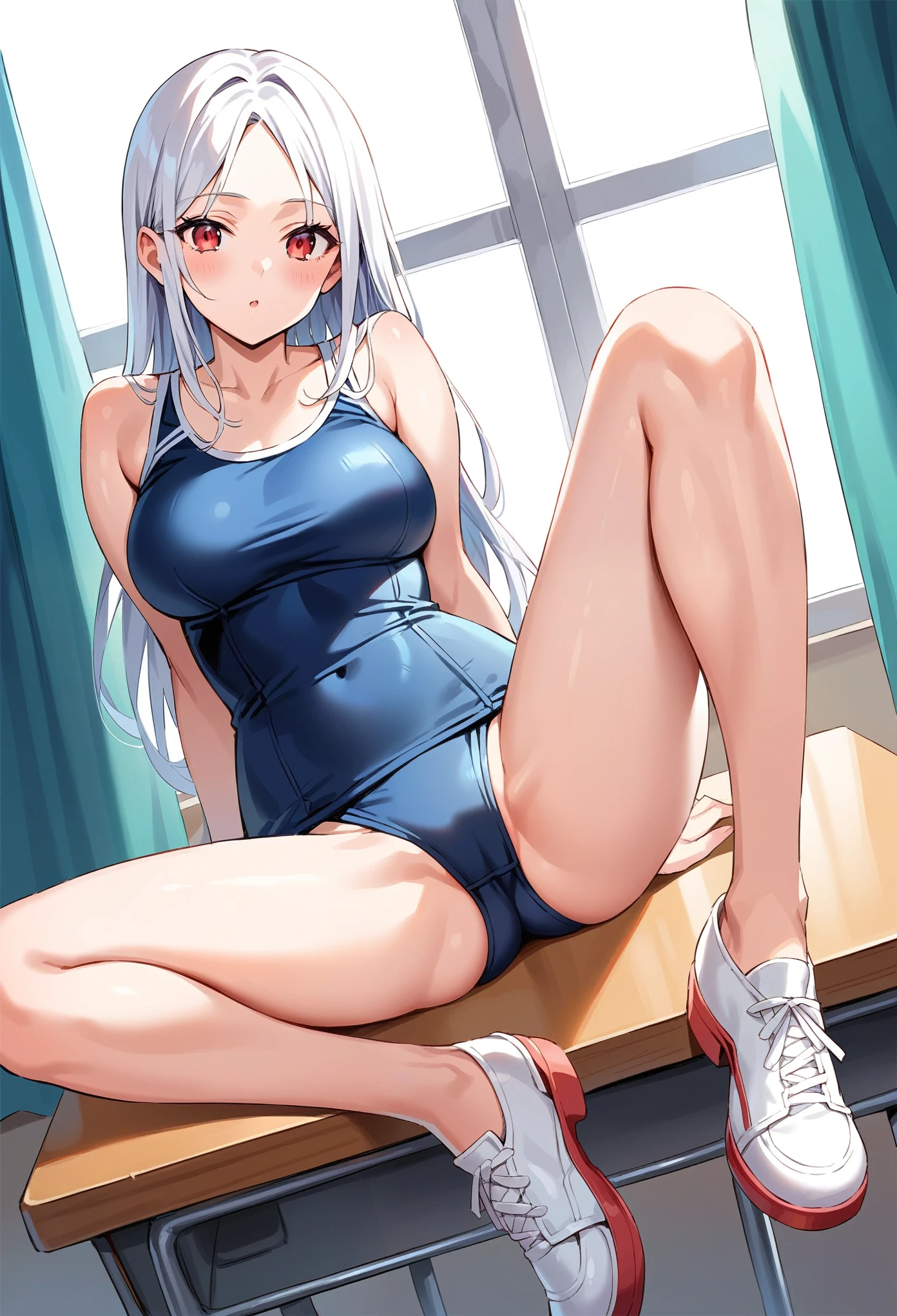 score_9, score_8_up, score_7_up, source_anime BREAK pinup of 1girl, anime illustration, anime style, sitting on desk, (one's legs spread:1.3), 1lady, solo, (sexy lady1.3), large breast, white hair, red eyes, Various lengths of hair style, parted bangs, school swimsuit, shoes, (blush:1.2), (own room background:1.2)
