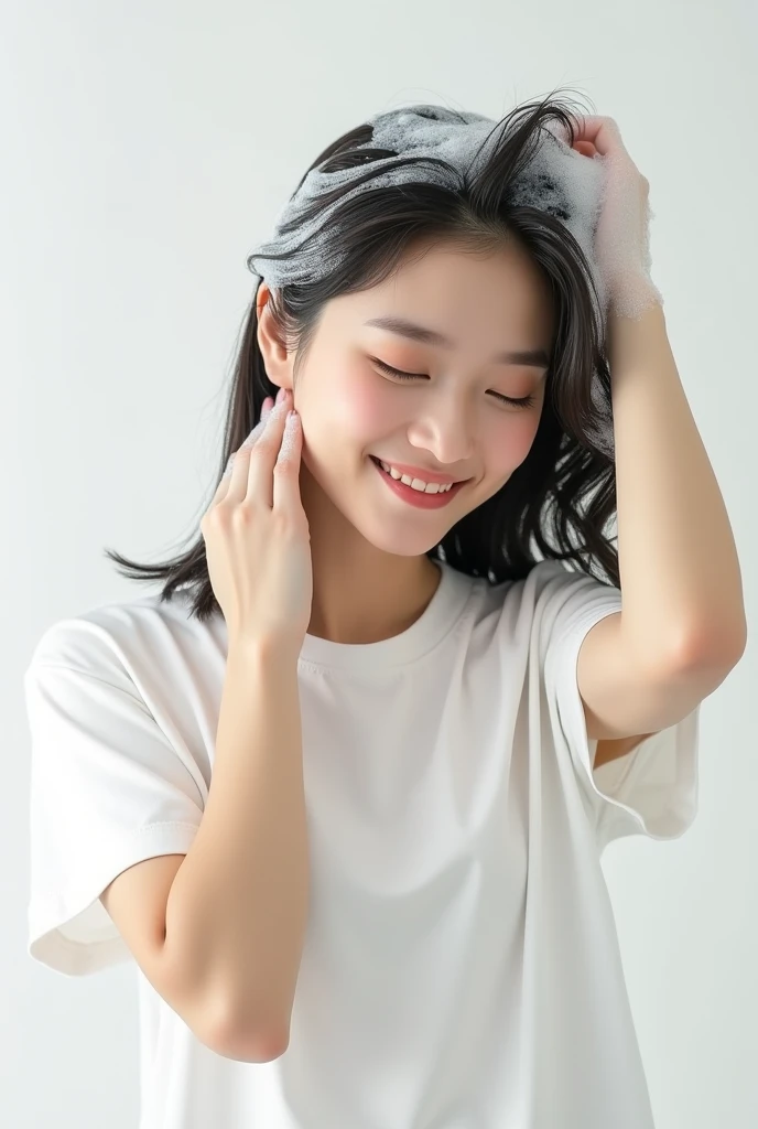 Create an Asian beauty，Wear a white T-shirt，Scratching hair with hands，Bending over and washing hair，There is a lot of foam on the head，The expression is happy，The characters are realistic and realistic，Pure white background，9:16 frames，Ultra-high-definition picture quality
