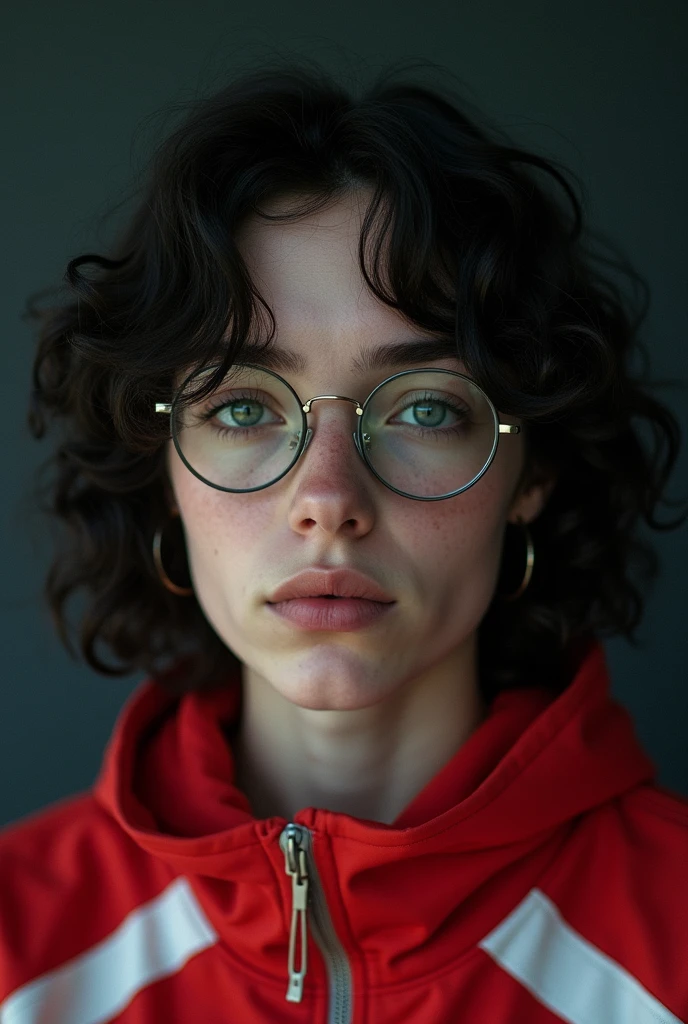 portrait мужчины 24 года, RAW photo, black curly shoulder length hair, pale skin, grey eyes, tired look, thin face, сине-красно-белая олимпийка из 90-х, sport retro olympic jacket, realistic skin texture, construction glasses, (Best quality,a high resolution,masterpiece),ultra-detailed,(realistic,photorealistic,photo-realistic) portrait, 8 K, very detailed, (high quality, Best quality:1.3), Extremely high resolution, granularity, ((macro lens)), dark atmosphere, ((focused on the eyes)), male expressions, photo, SLR camera, 35 mm, Fujifilm Superia Premium 400, Nikon D850 photo из фильма, Kodak Portra 400 F1.6 lenses, 8 K, uhd