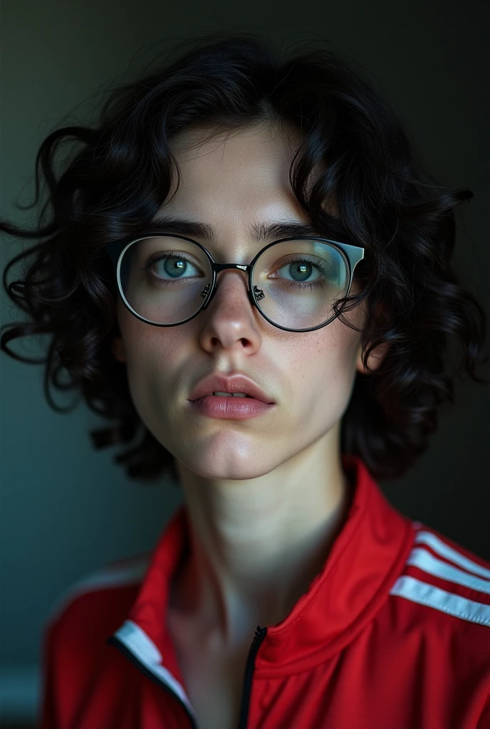 portrait мужчины 24 года, RAW photo, black curly shoulder length hair, pale skin, grey eyes, tired look, thin face, сине-красно-белая олимпийка из 90-х, sport retro olympic jacket, realistic skin texture, construction glasses, (Best quality,a high resolution,masterpiece),ultra-detailed,(realistic,photorealistic,photo-realistic) portrait, 8 K, very detailed, (high quality, Best quality:1.3), Extremely high resolution, granularity, ((macro lens)), dark atmosphere, ((focused on the eyes)), male expressions, photo, SLR camera, 35 mm, Fujifilm Superia Premium 400, Nikon D850 photo из фильма, Kodak Portra 400 F1.6 lenses, 8 K, uhd