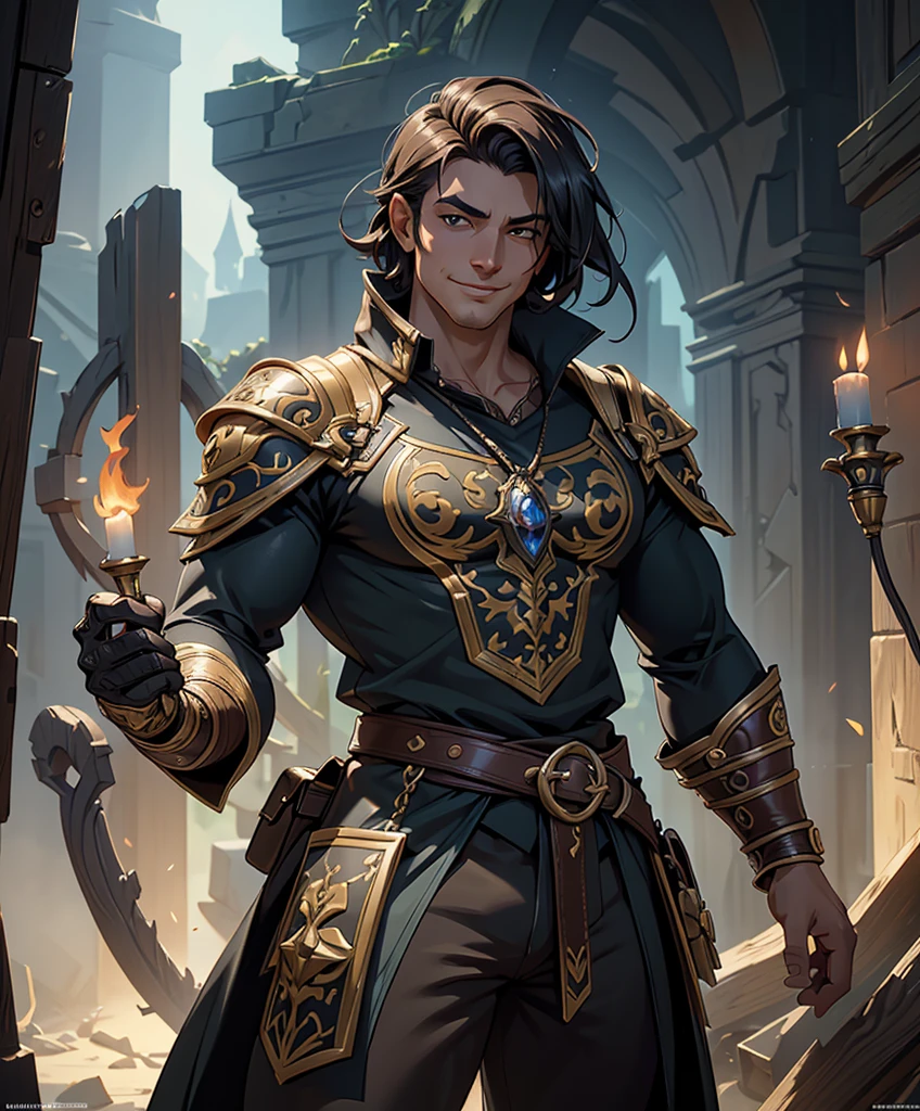 (centered, upper body, smirk, looking at viewer:1.1), (wide shot:1.4), (((SFW image.))) (((Lusty smirk.))) Male rogue for fantasy setting. Dressed in medieval fantasy attire. Looks like a con man for a dark fantasy setting. Rakish. Thug. Sexy male. , intricate details, ultra detailed, ultra detailed clothes,, epic masterpiece, ultra detailed, intricate details, award winning, fantasy art concept masterpiece, trending on Artstation, digital art, unreal engine, 8k, ultra HD, centered image masterpiece:1.2, photorealistic:1.2, volumetric lighting, glossy skin, shiny skin, , , intricate details, ultra detailed, extremely detailed hands, ultra detailed clothes,, epic masterpiece, ultra detailed, intricate details, award winning, fantasy art concept masterpiece, trending on Artstation, digital art, unreal engine, 8k, ultra HD, centered image