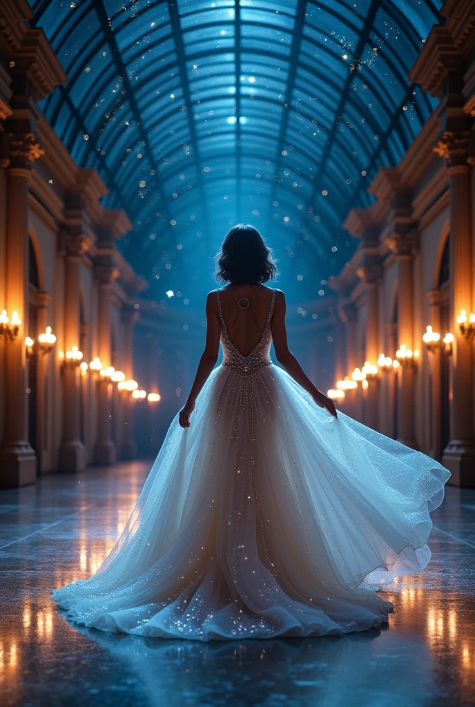 Concept: The woman is depicted in a grand ballroom set beneath a night sky filled with stars. Her gown is elegant and sophisticated, designed to reflect the night sky, with subtle glimmers that catch the light as she moves.
Background: A majestic ballroom with a glass ceiling revealing a starlit sky. The walls are lined with tall, glowing candles, and the floor reflects the stars, creating the illusion that she’s dancing among the constellations.
Props & Effects: A delicate star-shaped pendant, twinkling lights that mimic the stars, and perhaps a soft, flowing cape that trails behind her, enhancing the sense of movement. The lighting is soft and romantic, creating a dreamy, magical atmosphere.