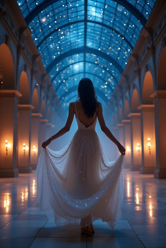 Concept: The woman is depicted in a grand ballroom set beneath a night sky filled with stars. Her gown is elegant and sophisticated, designed to reflect the night sky, with subtle glimmers that catch the light as she moves.
Background: A majestic ballroom with a glass ceiling revealing a starlit sky. The walls are lined with tall, glowing candles, and the floor reflects the stars, creating the illusion that she’s dancing among the constellations.
Props & Effects: A delicate star-shaped pendant, twinkling lights that mimic the stars, and perhaps a soft, flowing cape that trails behind her, enhancing the sense of movement. The lighting is soft and romantic, creating a dreamy, magical atmosphere.
