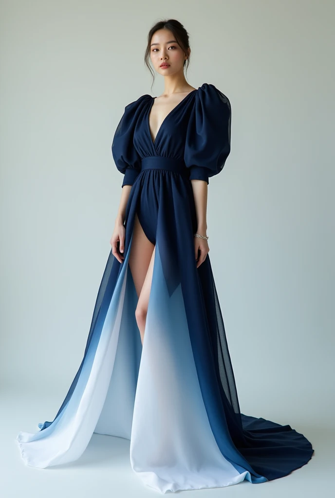 A model wearing a gradient color dress from navy blue to white from top to bottom with puffed sleeves, with deep V-neckline and skirt with leg opening, full body image 