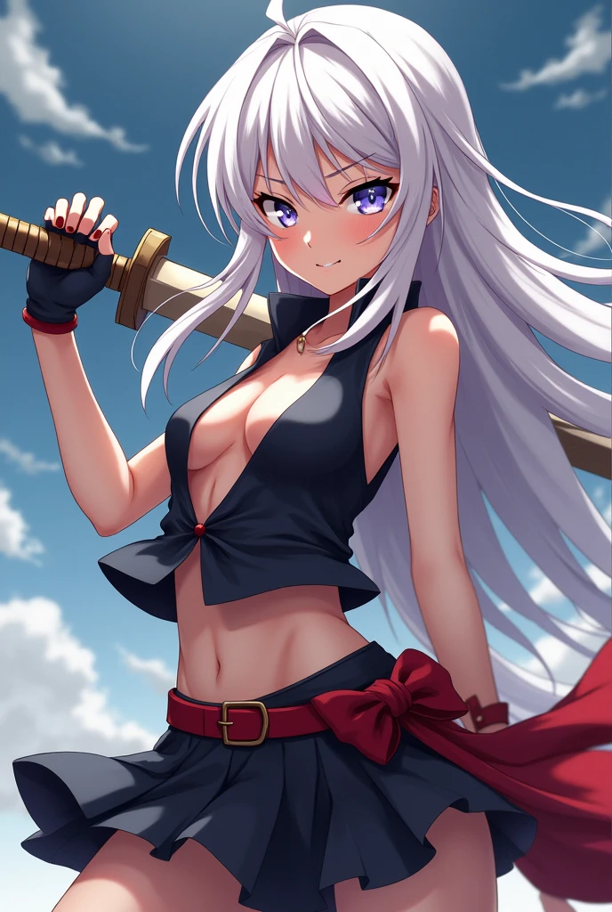 Anime girl wearing a sleeveless shirt the middle of her chest is visible and she is wearing fingerless gloves and she is wearing a short skirt, he works as an assassin and he is holding a sword, her face is angry with a smile and she is . He's not wearing a jacket. She is white skinned, long hair