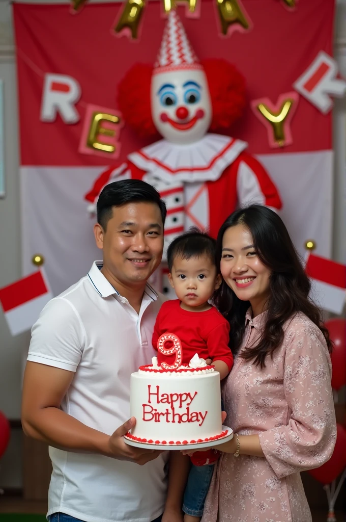Photo of a happy family celebrating their child's 9th birthday with the theme of Indonesian independence. The family consists of a father, mother, and small child standing in front of a decorated backdrop. The child, wearing red and white clothes (symbolizing the Indonesian flag), is surrounded by balloons, banners and small Indonesian flags. Behind them is a friendly clown in red and white who is entertaining the child while holding a cake that says 'Happy Birthday'. The parents smile while standing next to the child, and the whole scene is filled with a festive patriotic atmosphere."