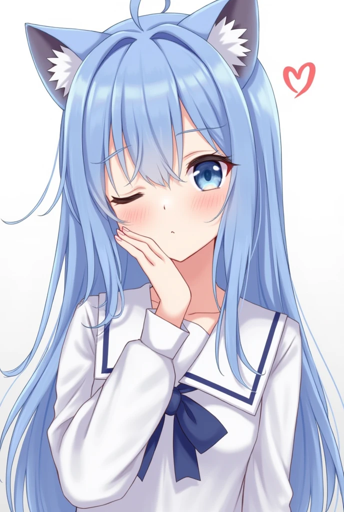  One girl, blue eyes, Long Hair, Blue Hair, Long sleeve, bangs, Cat ear, hair ornaments, Sleeves are longer than the wrist, blush, first round, Staring at the audience, One side up, Hair between the eyes,beautiful girl, Close your mouth, Heart symbol on background