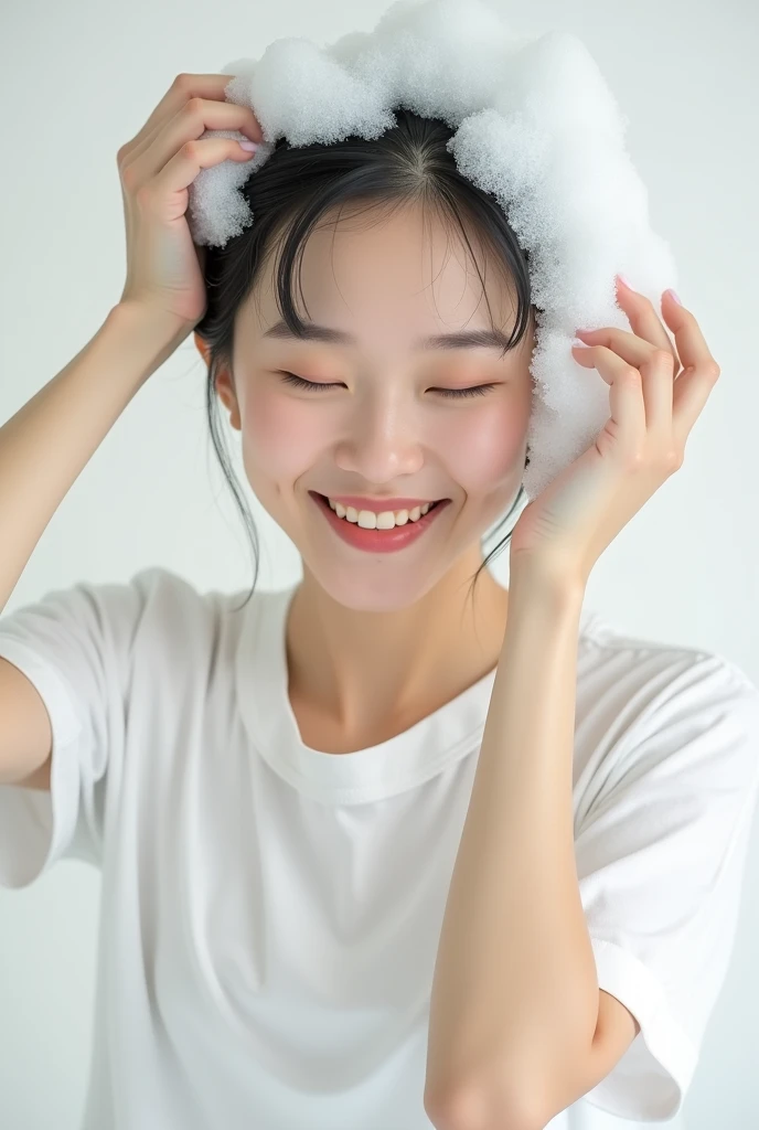 Create an Asian beauty,Wear a white T-shirt,Scratching hair with hands,Bending over and washing hair,There is a lot of foam on the head,The expression is happy,The characters are realistic and realistic,Pure white background,9:16 frames,Ultra-high-definition picture quality