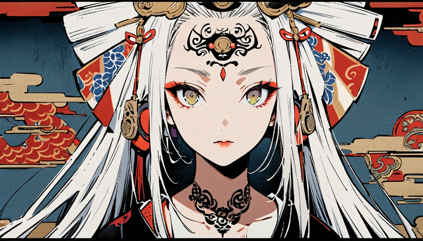 Ink painting, (((1 girl))), (((Tattoo in the middle of the forehead))),(((In the background is the Akatsuki moon))), (((Oiran))), (((Great hair accessories))), Japanese style headphones, Demon possession, (((Hazel eyes with engraving inside))),Face up close, Japanese beauty, White hair, Sensitive and precise, Modern Ukiyo-e style