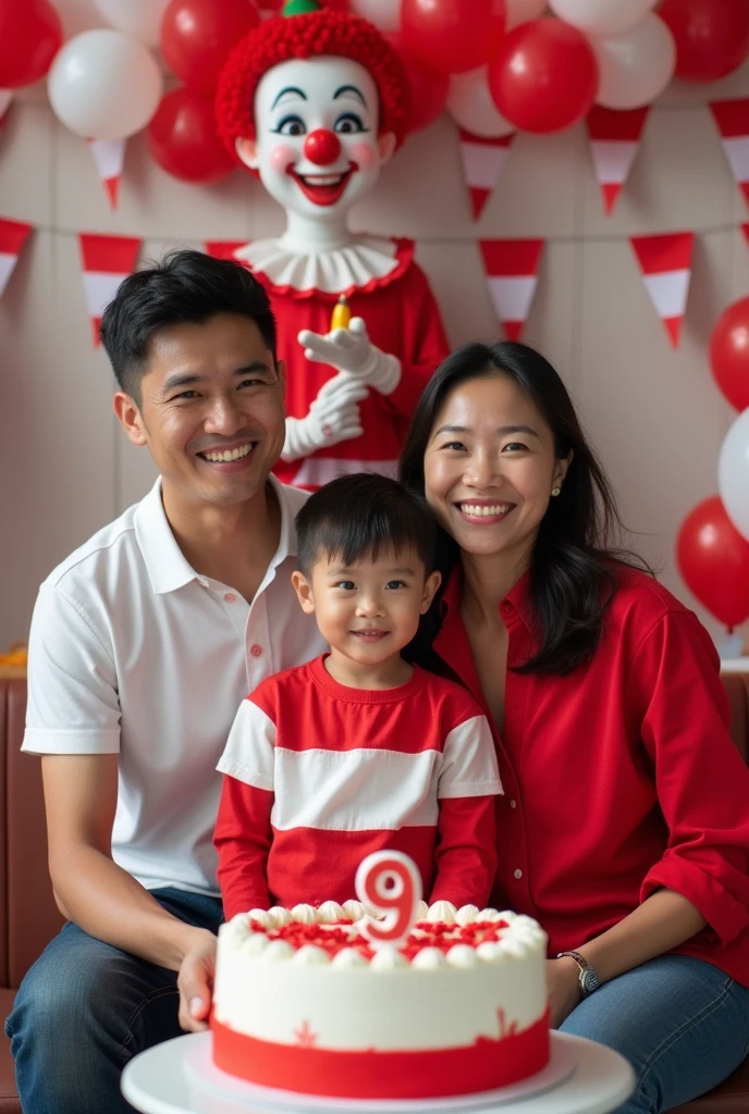 Photo of a happy family celebrating their 's 9th birthday with the theme of Indonesian independence. The family consists of a father, mother, and smallding in front of a decorated backdrop. The child, wearing red and white clothes (symbolizing the Indonesian flag), is surrounded by balloons, banners and small Indonesian flags. Behind them is a friendly clown in red and white who is entertaining the child while holding a cake that says 'Happy Birthday'. The parents smile while standing next to the child, and the whole scene is filled with a festive patriotic atmosphere."