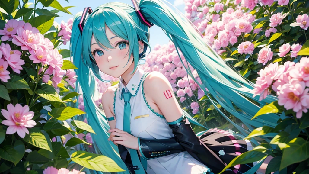 Hatsune Miku is surrounded by blooming flowers again、With new shoots sparkling with morning dew, we move forward to a brighter future